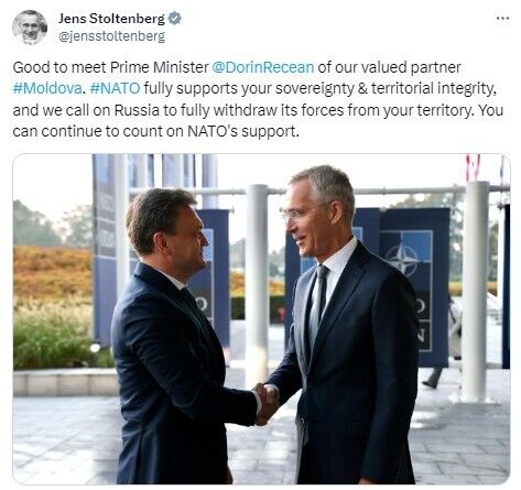 ''Russia should withdraw troops from Transnistria'': Stoltenberg met with Moldovan prime minister in Brussels 