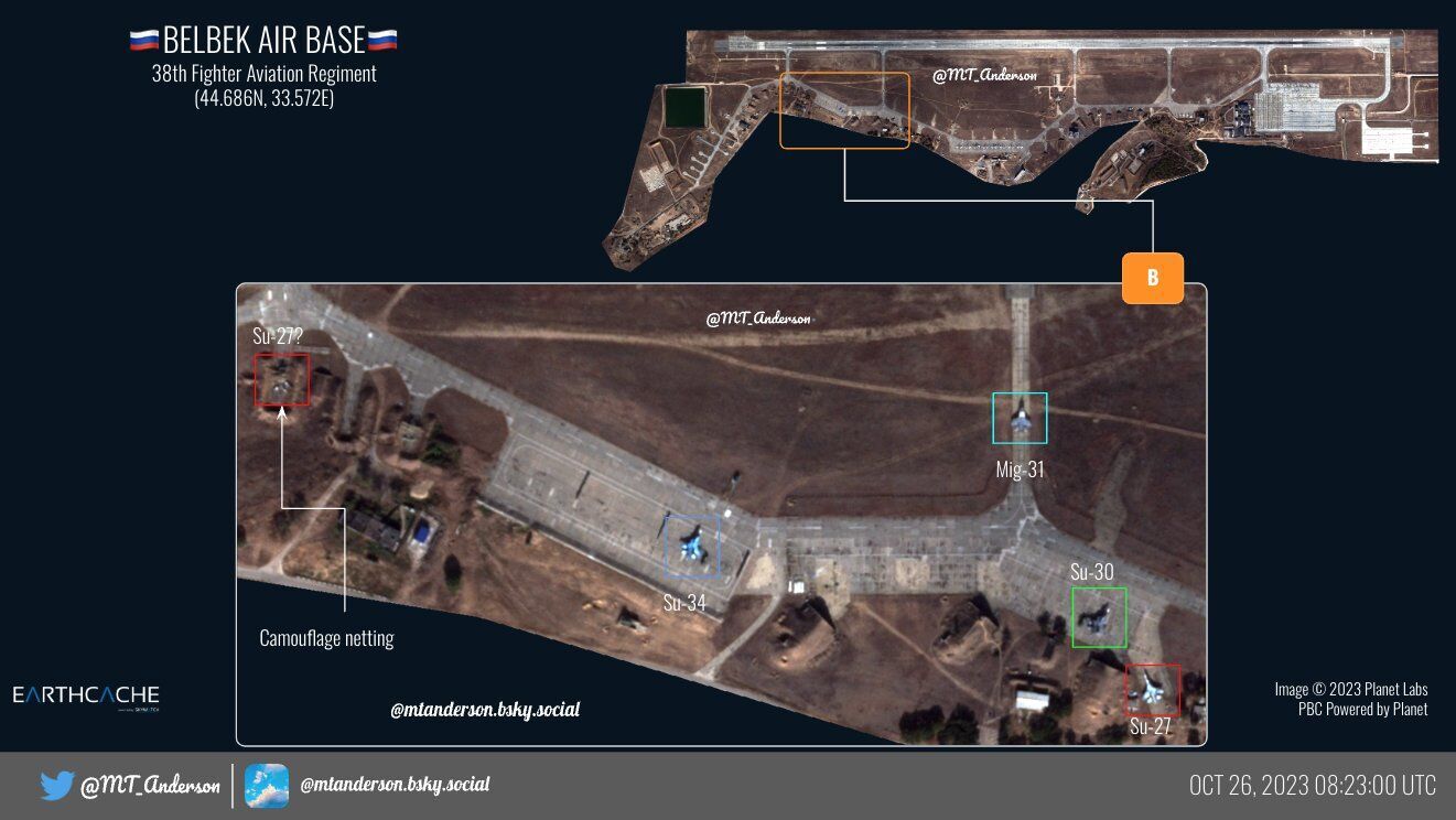 Occupiers have painted MiG-31 airplanes at Belbek airfield in Crimea. Satellite photos