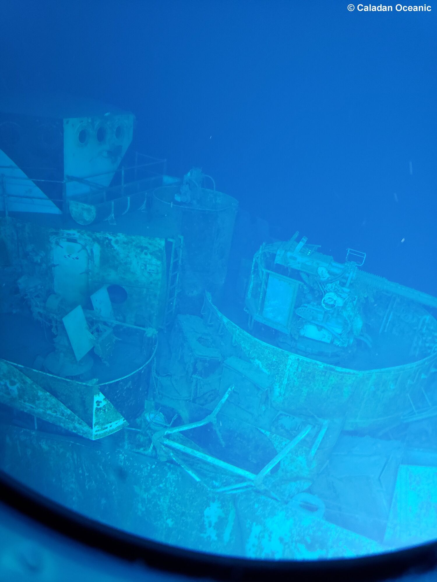 The gun turrets and part of the ship's deck have been preserved