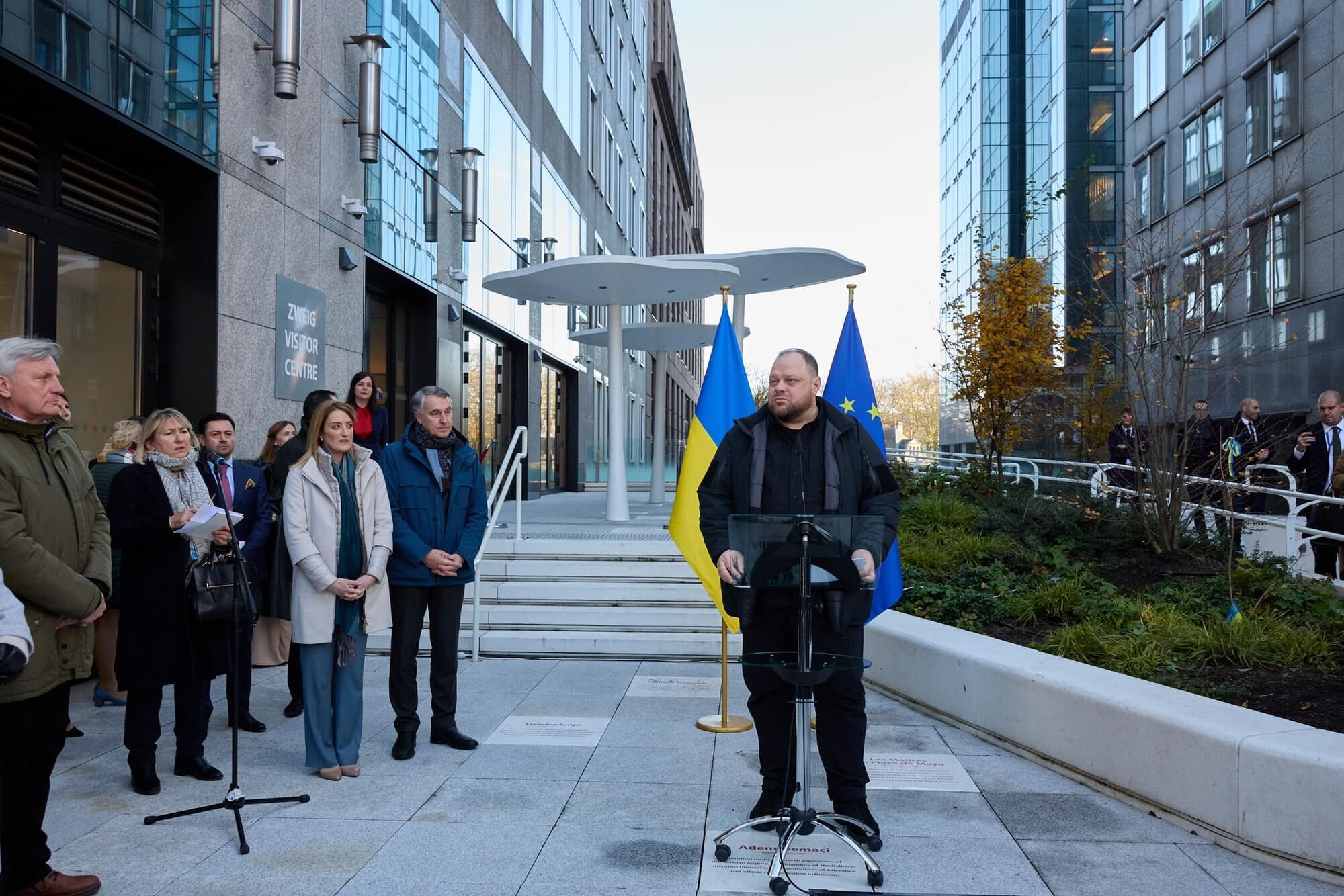 In support for Ukraine: a viburnum bush planted in front of European Parliament building. Photo