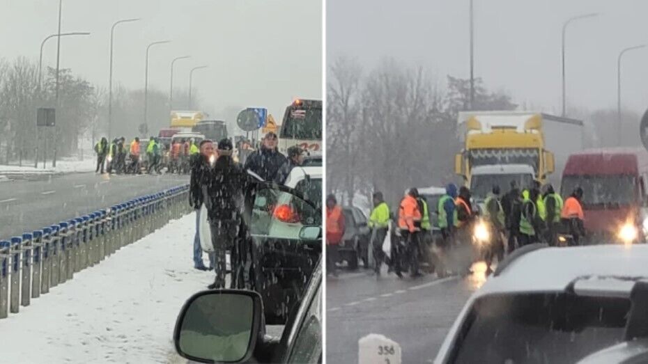 Ukraińscy kierowcy zablokowali drogi w Polsce w proteście przeciwko blokadzie granicy. Zdjęcia i wideo