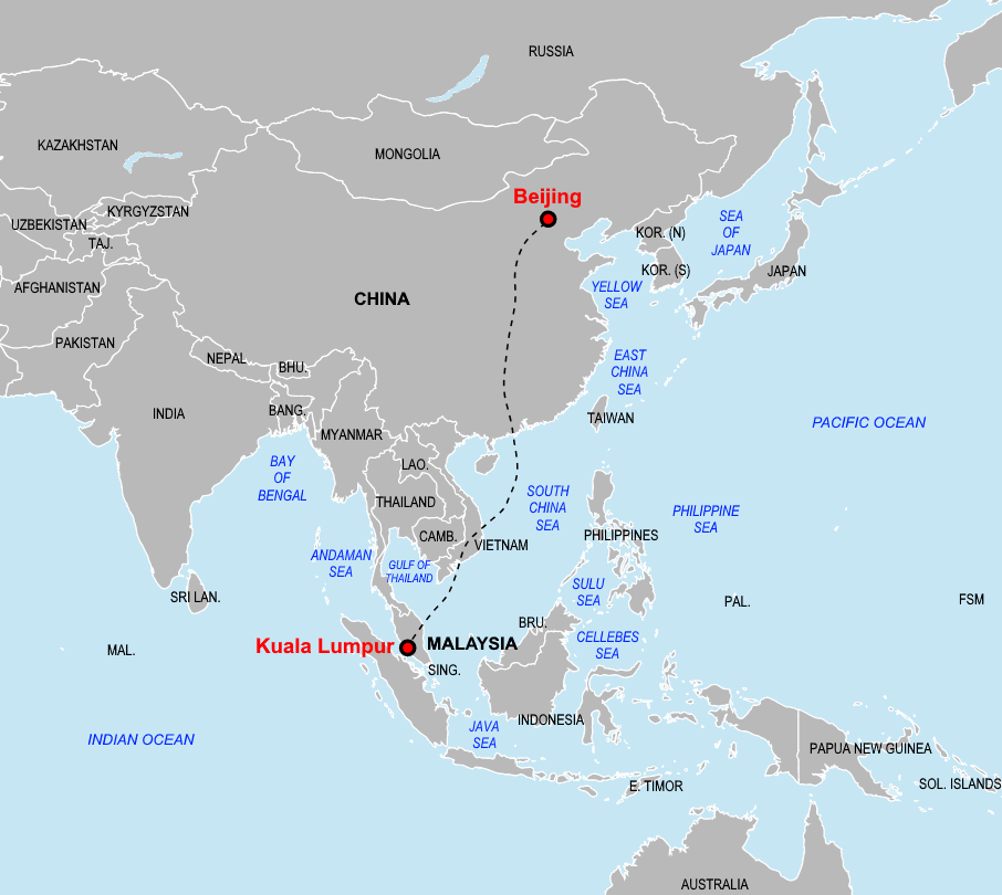 The route of MH370 flight