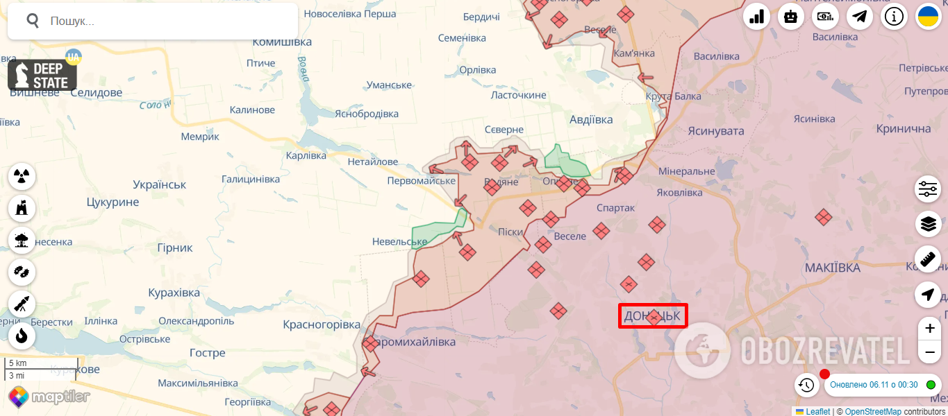 Donetsk on the map of the front line