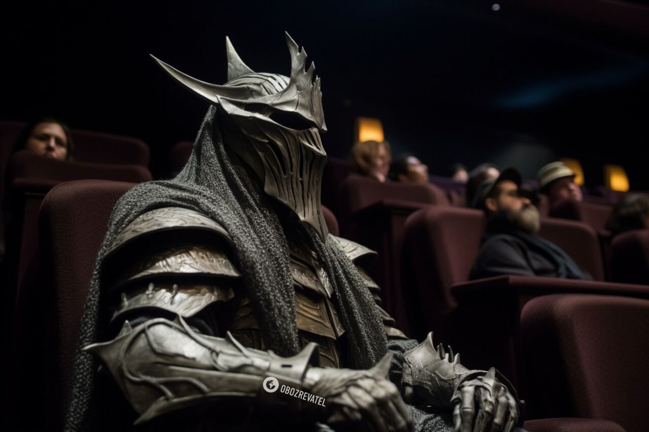 Sauron, jak uważa Midjourney, chętnie obejrzałby film