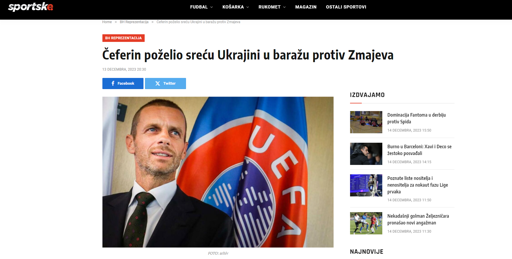 Bosnia says Čeferin tried to make amends with Ukraine