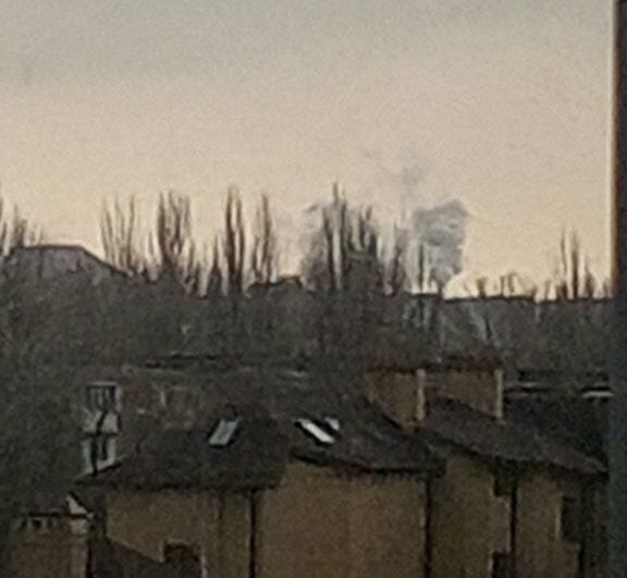 Smoke is visible after explosion in Donetsk