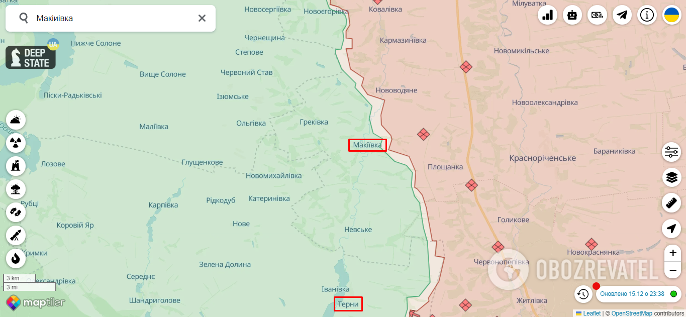 Villages of Terny and Makiivka on the map