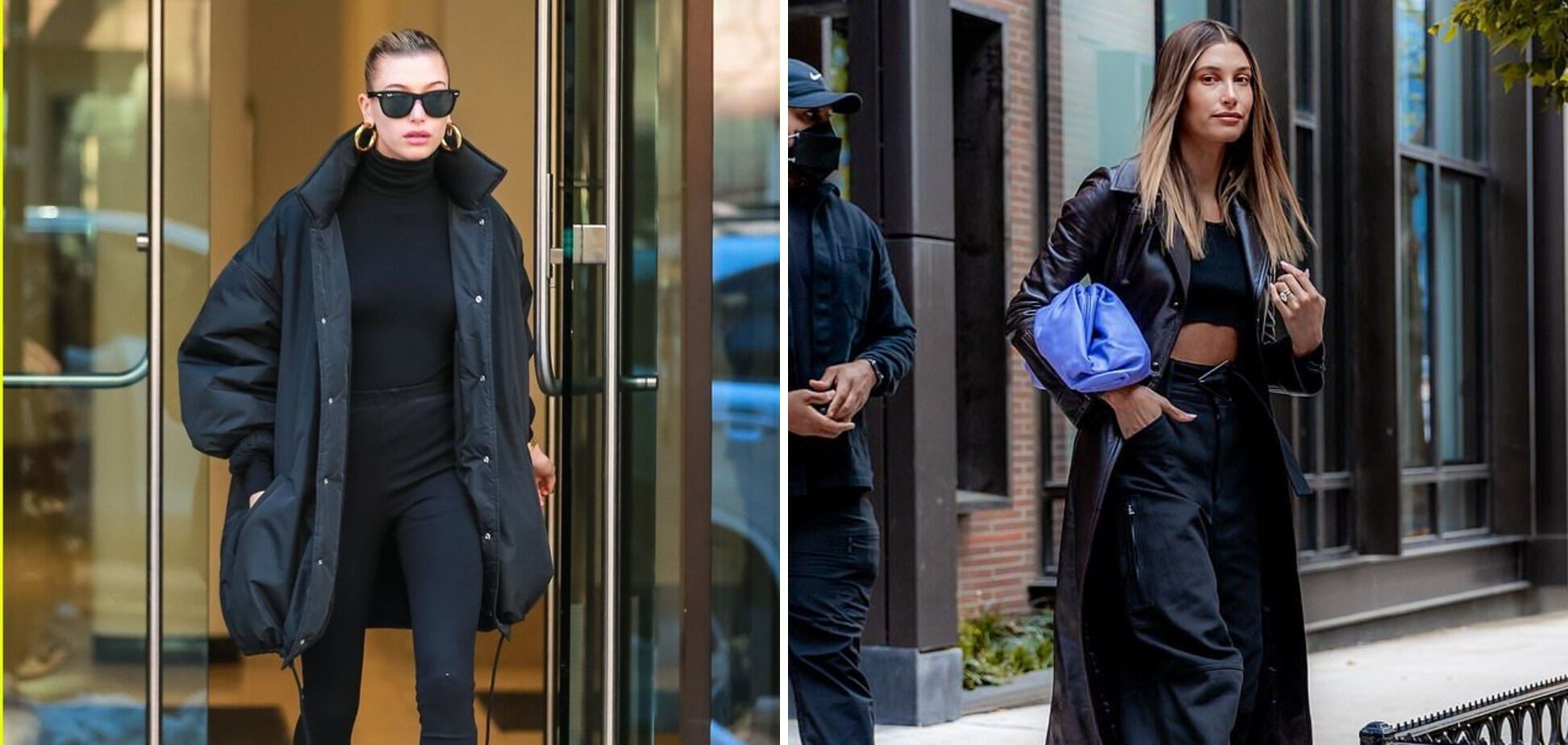 Hailey Bieber's total black look (left) and accent bag (right)