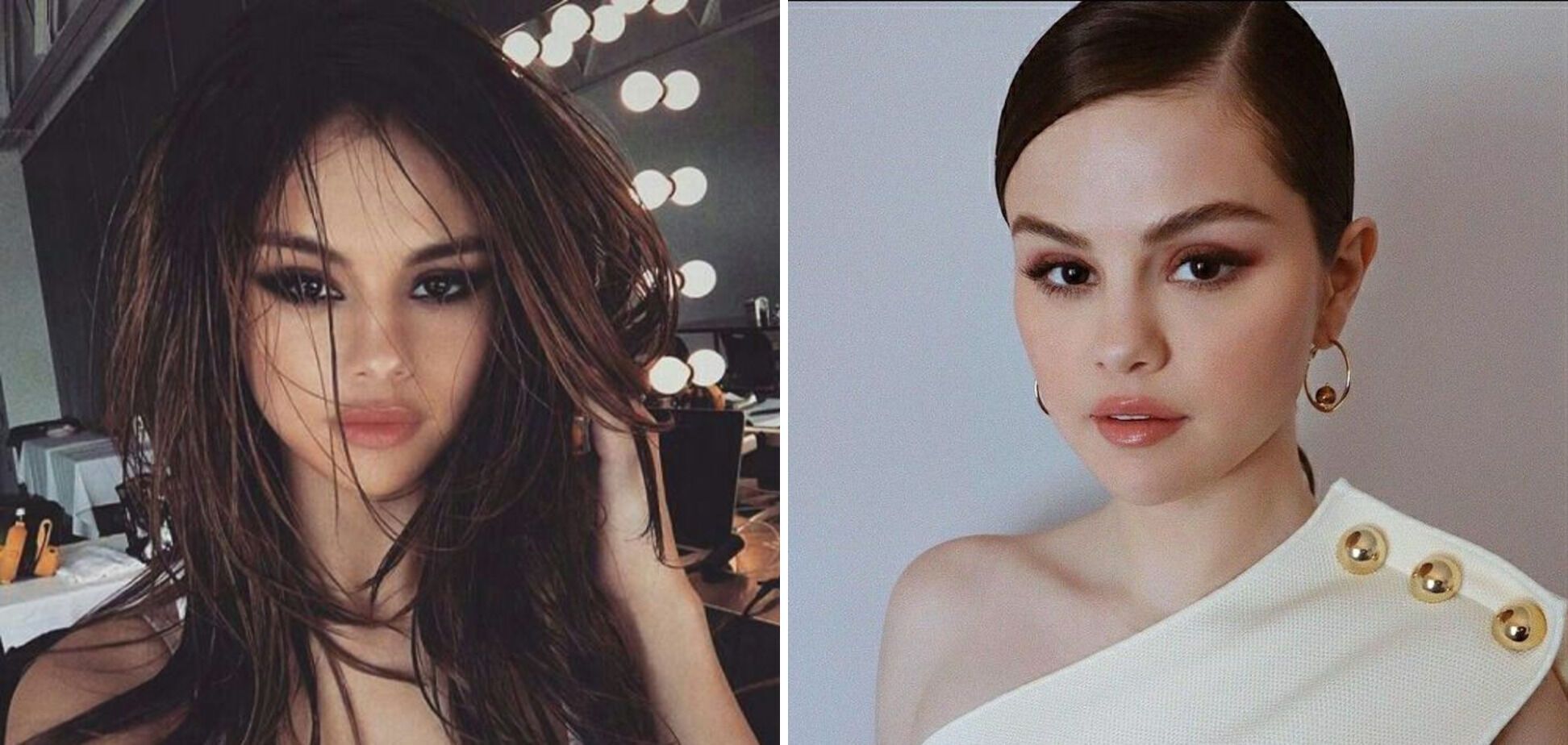 Selena Gomez with dark (left) and delicate light makeup (right)