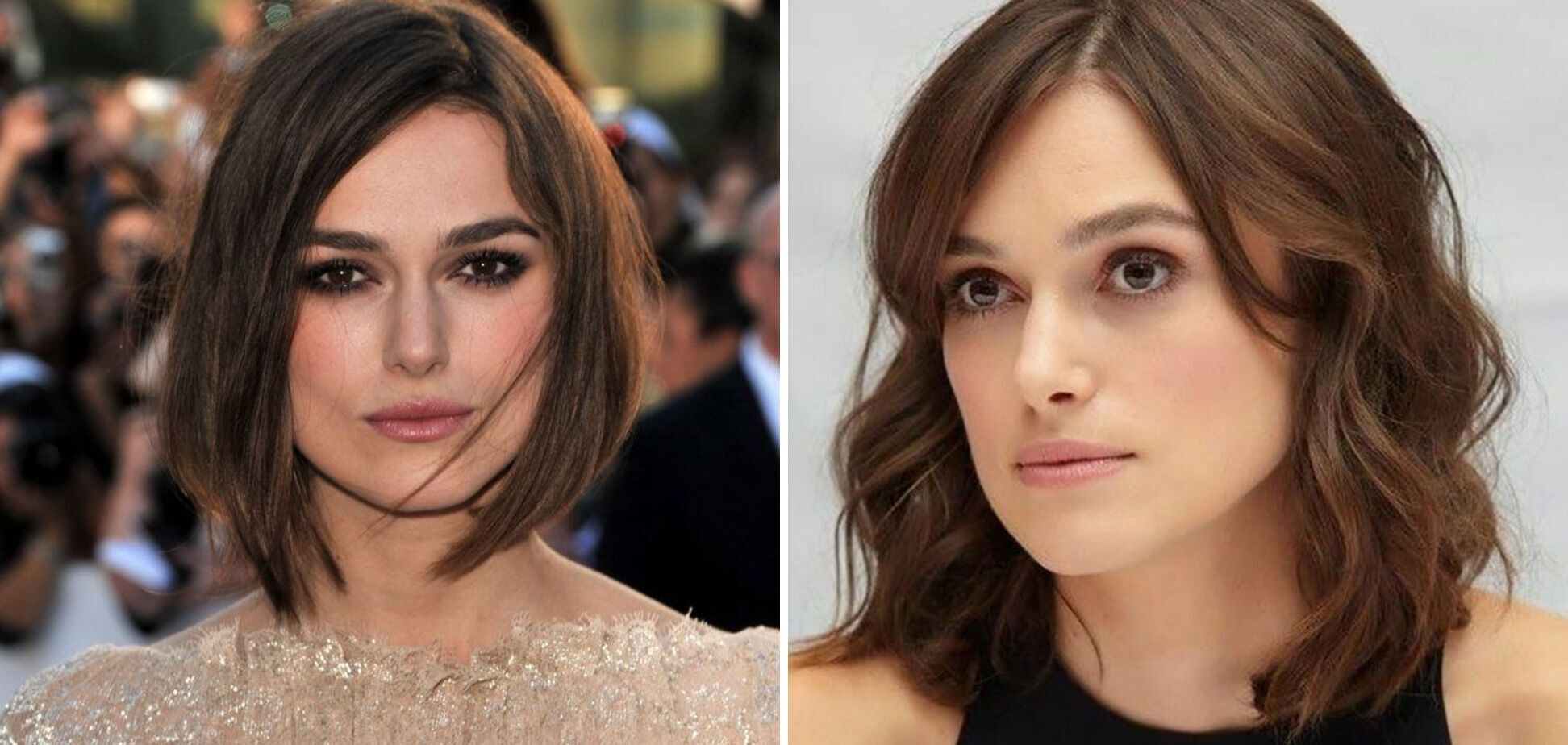 Keira Knightley in a strict look with rich black makeup (left) and a delicate one (right)