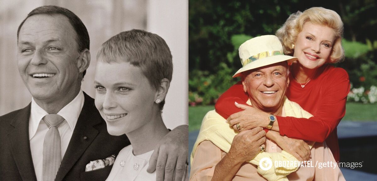 Frank Sinatra with Mia Farrow (left) and Barbara Marks (right)