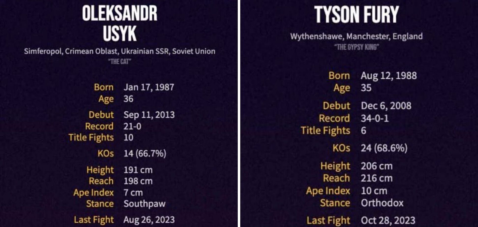 Comparative characteristics of Usyk and Fury