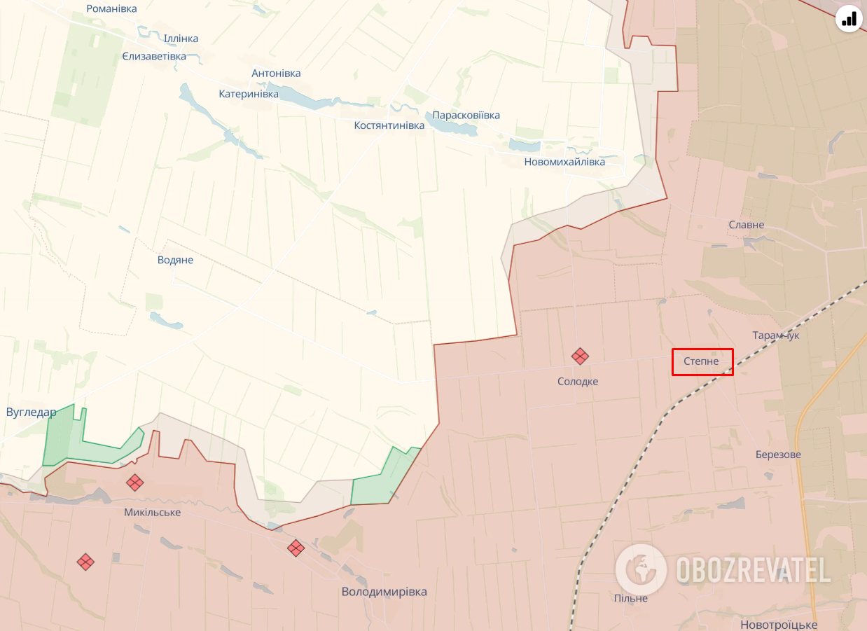 Stepove of the Vuhledar urban community in Donetsk region on the map.