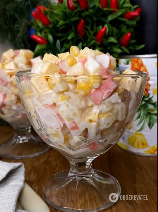 New Year's salad with crab sticks and corn: dressed with mayonnaise