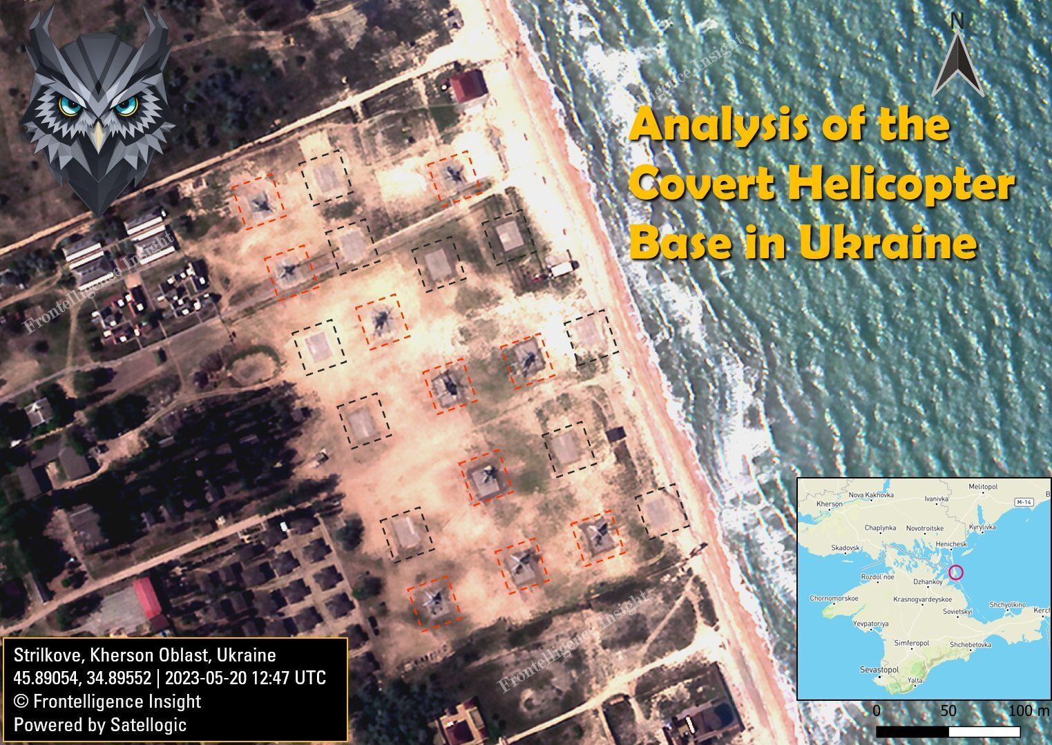 The occupants have set up a large air base on the Arabat Spit. Satellite photo