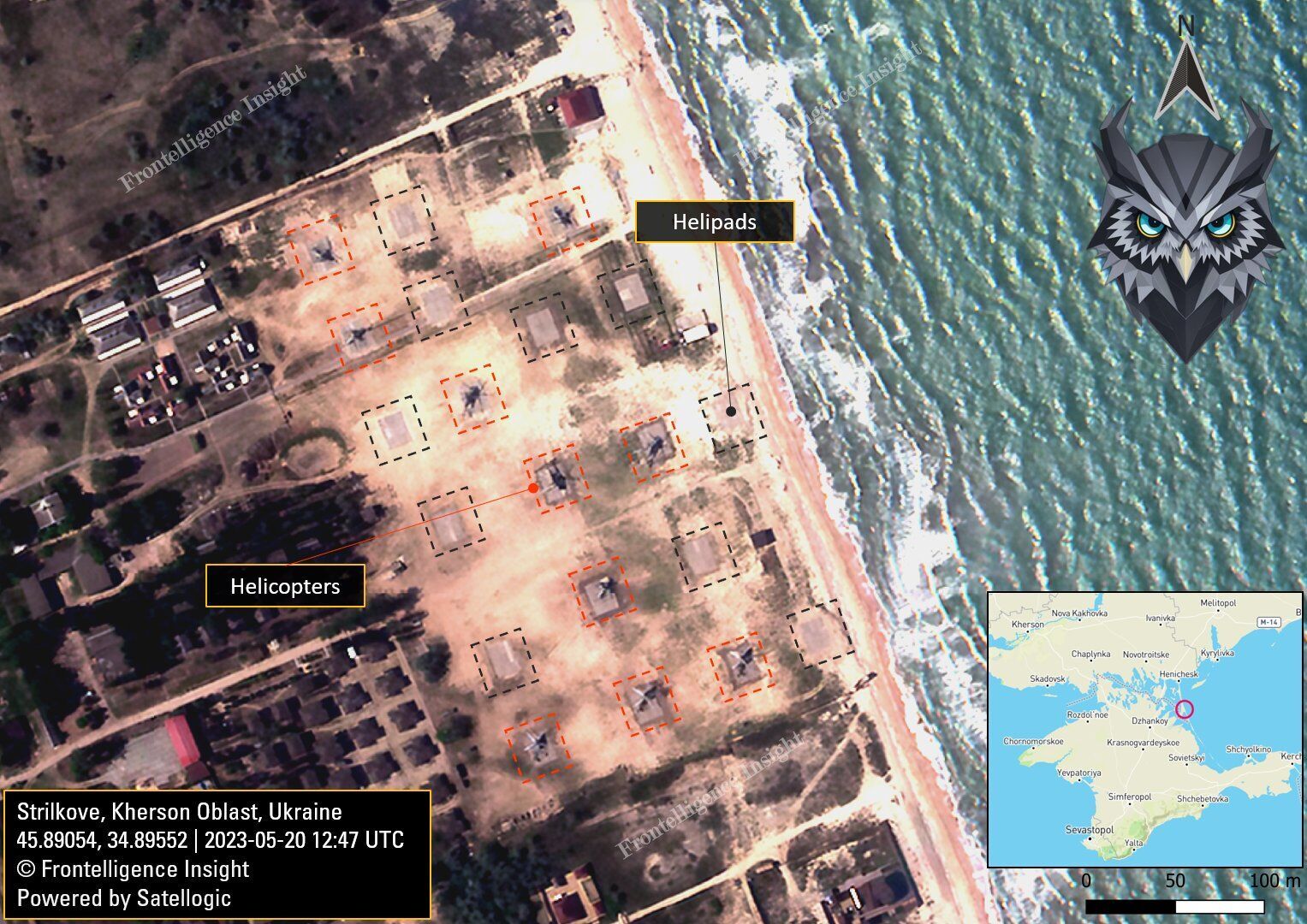 The occupants have set up a large air base on the Arabat Spit. Satellite photo