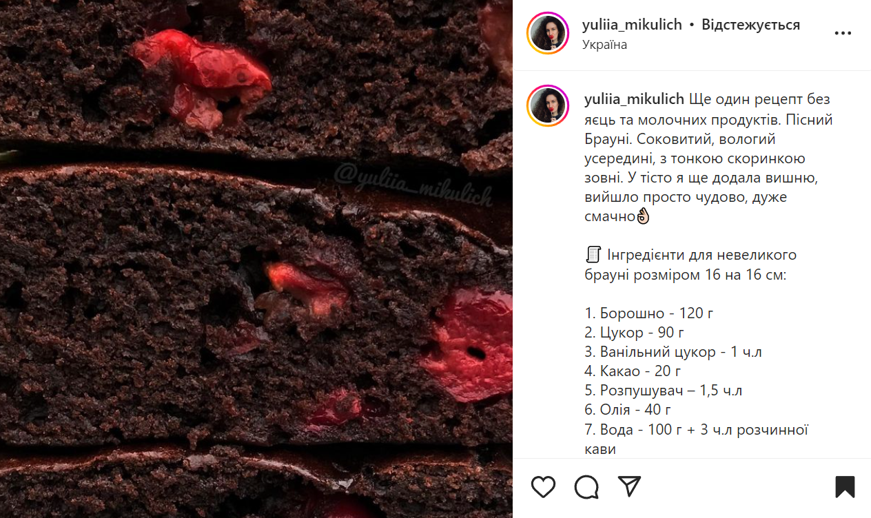 Brownie recipe with cherries without eggs, milk and butter
