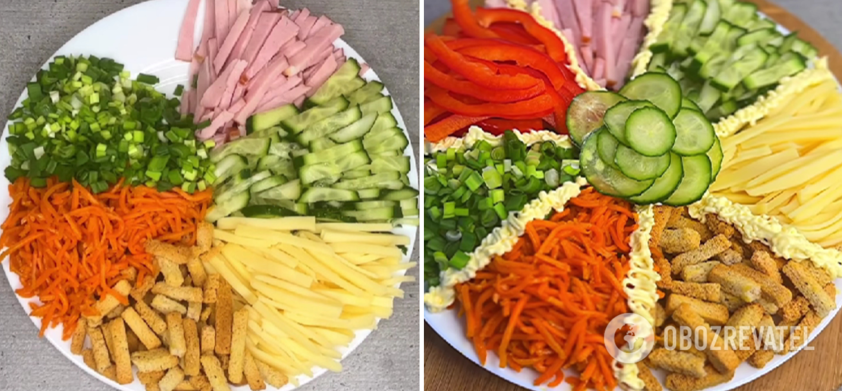 Kaleidoscope salad in piles with mayonnaise