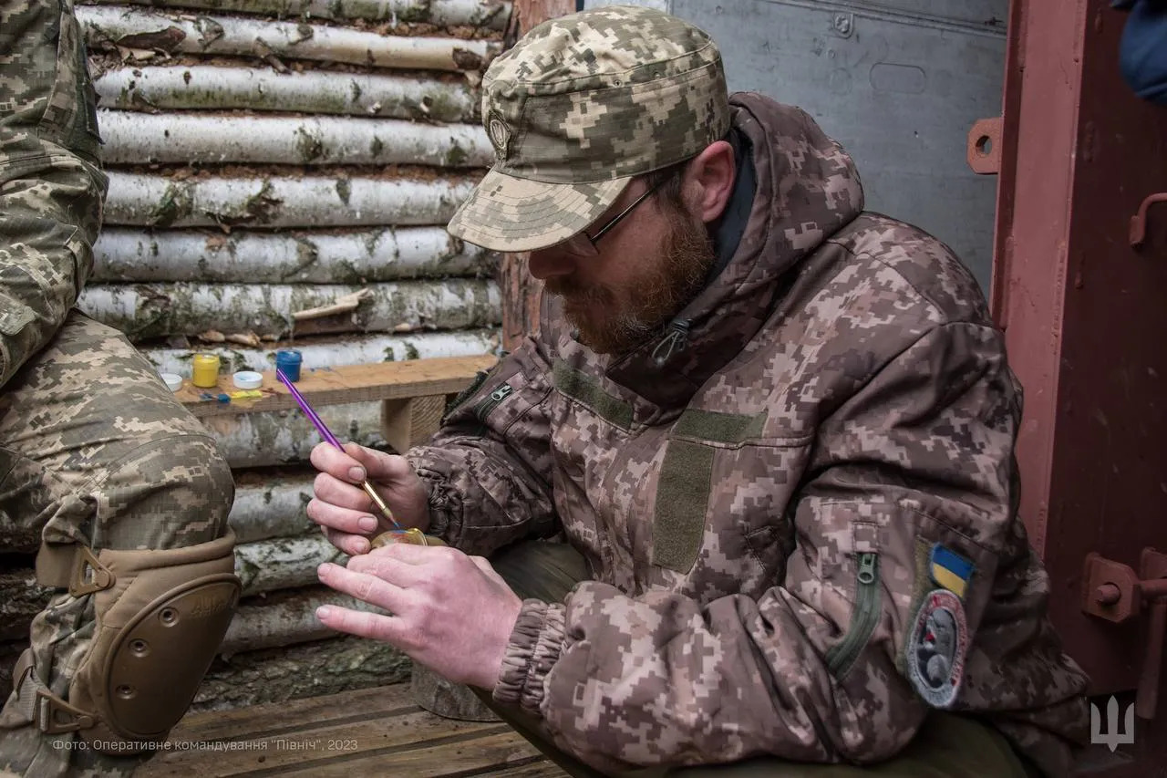 Ukrainian Armed Forces soldiers painted hand grenades