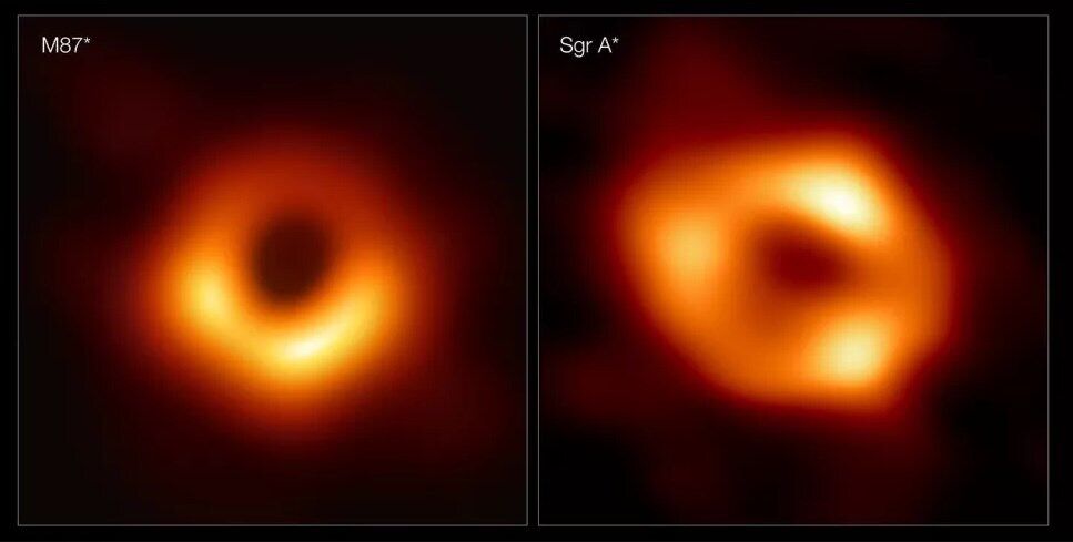 The black hole M87 (left) and the black hole Sagittarius A in the centre of our galaxy (right).