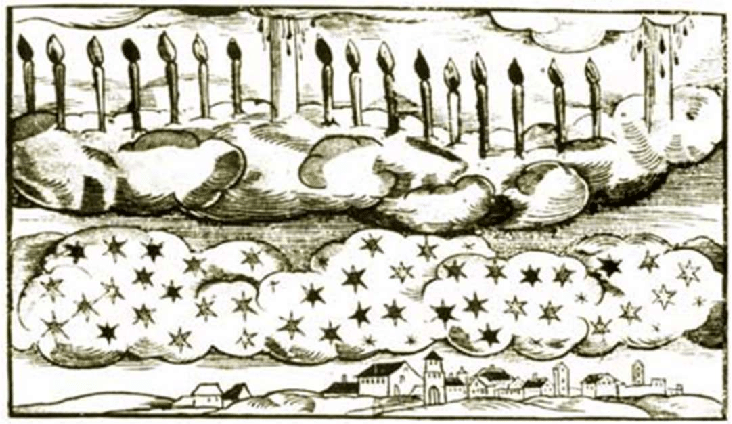 Early drawing of the northern lights depicted as candles in the sky, 1570.