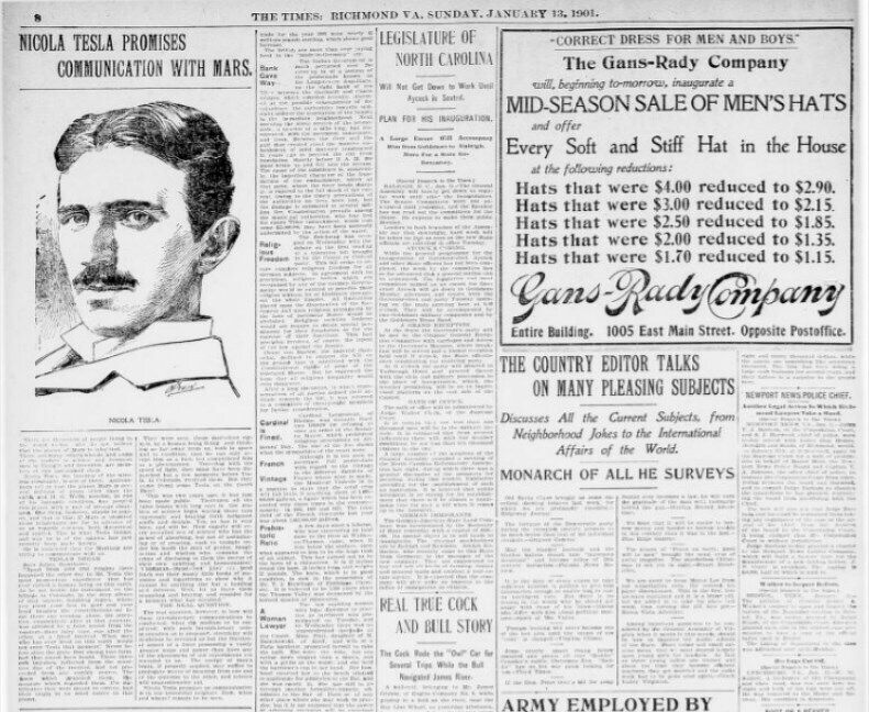 A 1901 article in The Times about signals received by Tesla from Mars.
