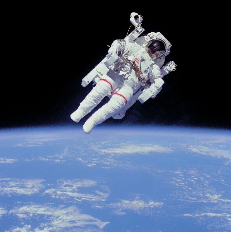 Bruce McCandless during free flight in space on February 7, 1984