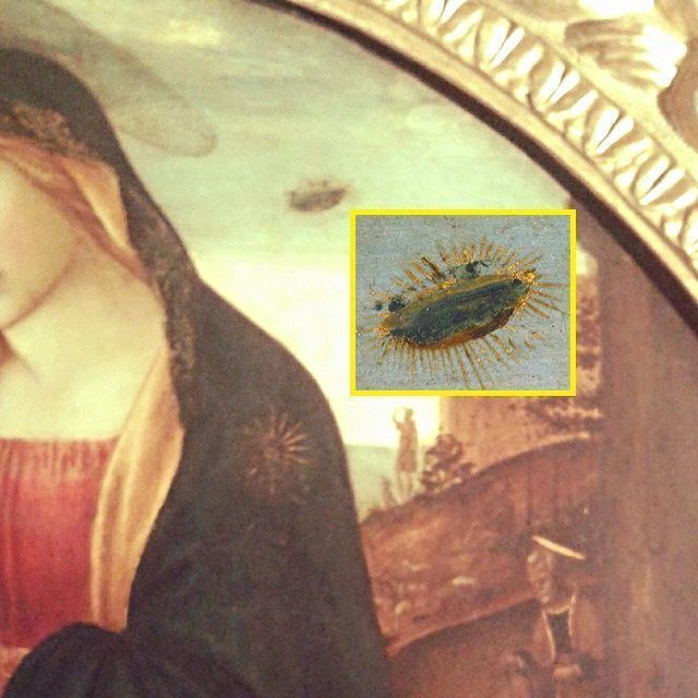 An enlarged UFO in a painting with Mary and Jesus.