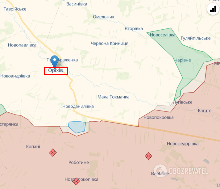 Orikhiv on the map of hostilities