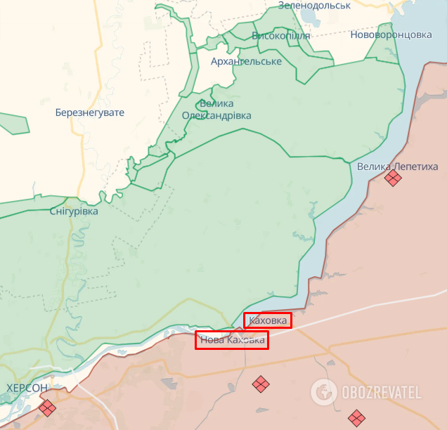 Kakhovka and Nova Kakhovka on the map.