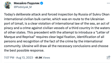 Act of piracy: Zelensky reacts to Russia stopping a civilian ship in the Black Sea