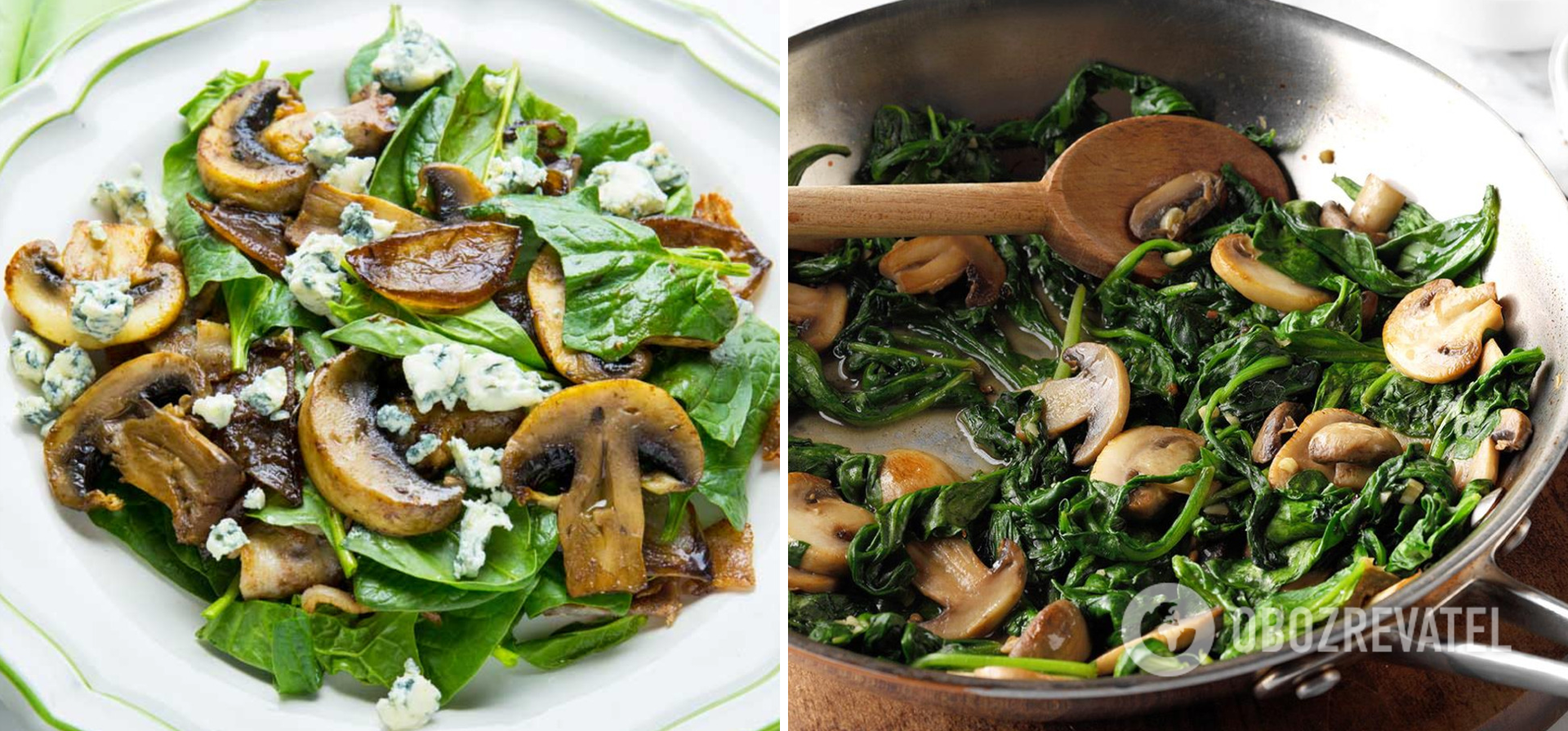 Fried spinach with mushrooms