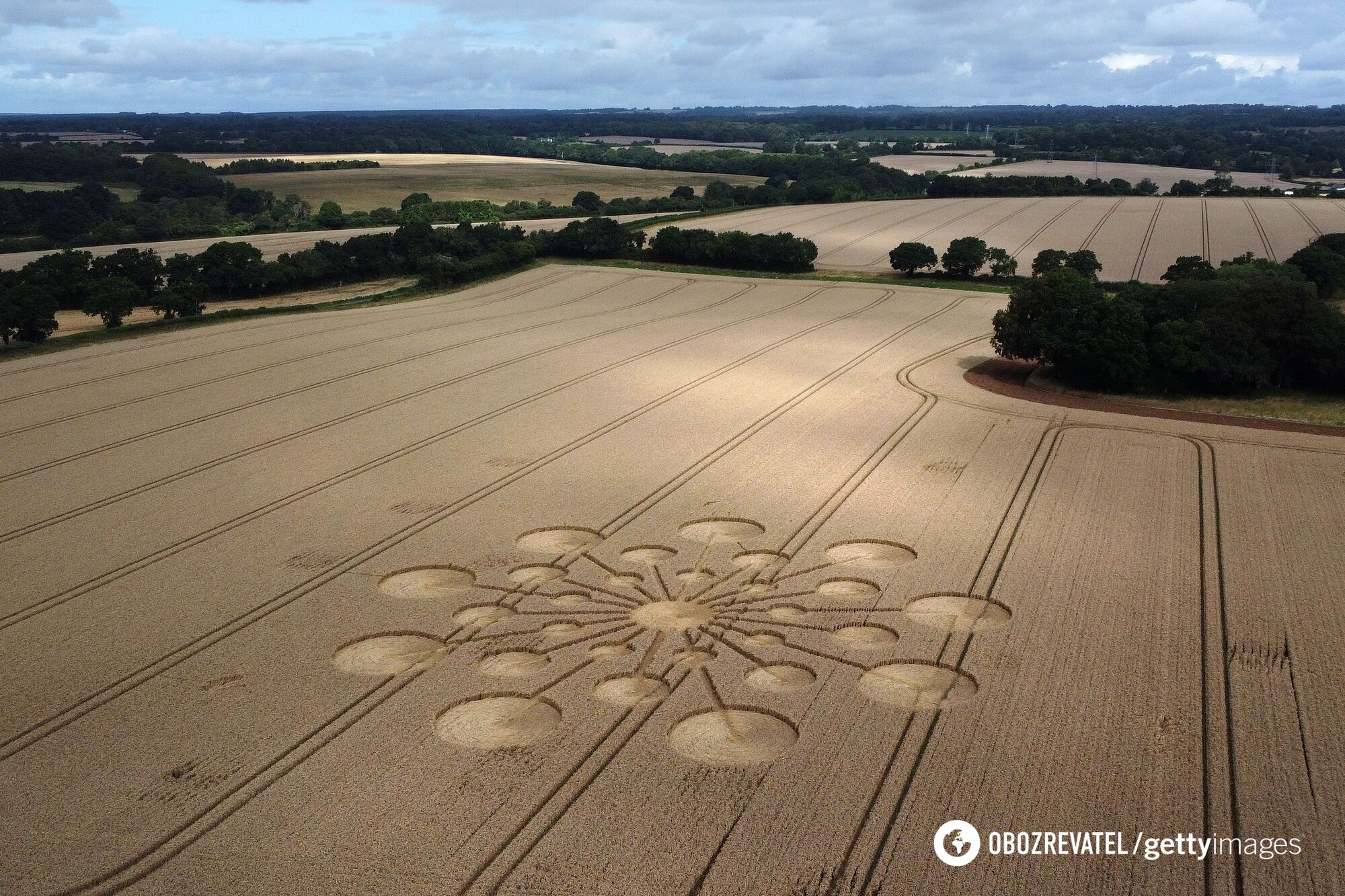 Circles measuring approximately 70 metres in a wheat field in Hampshire, England, on 29 July 2023.
