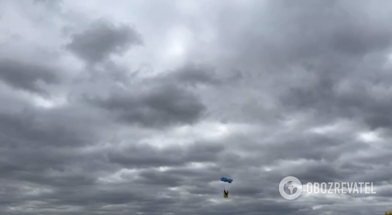 Ukrainian flag in the sky above the temporarily occupied territory
