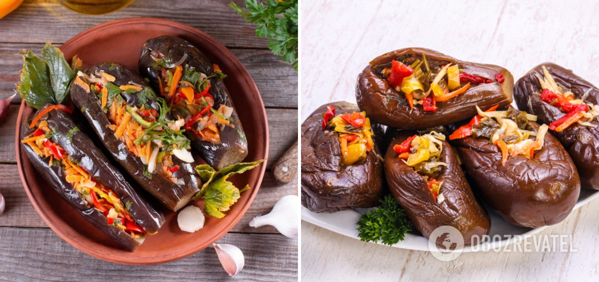 Pickled stuffed eggplants with carrots and peppers