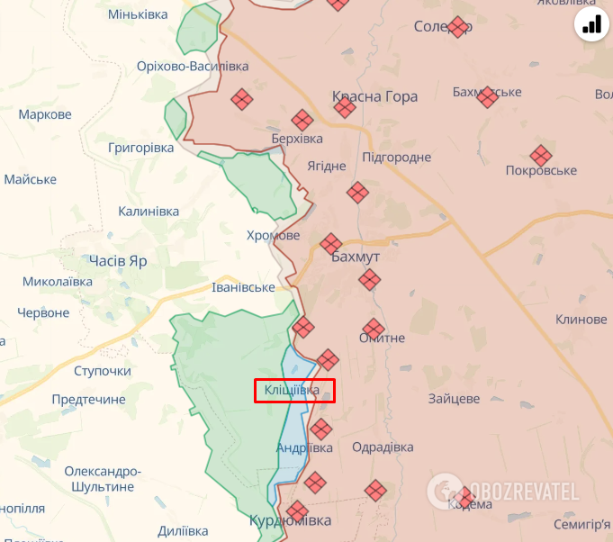 Klishchiivka on the map of hostilities