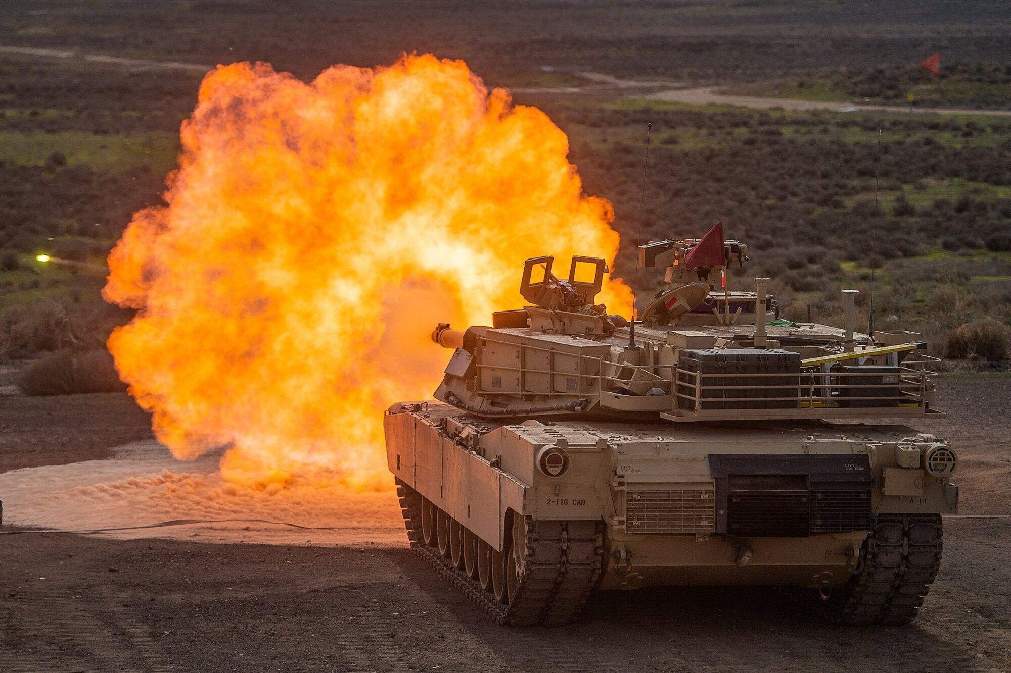 An M1 Abrams tank firing