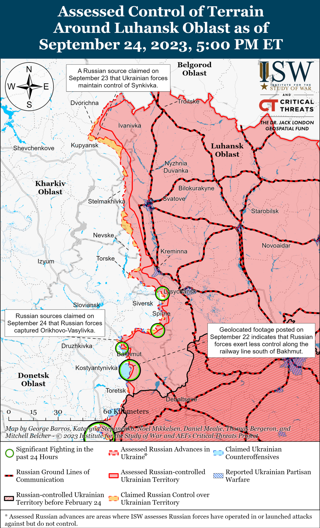 Mapa linii frontu na Ukrainie. Obwody charkowski i ługański.