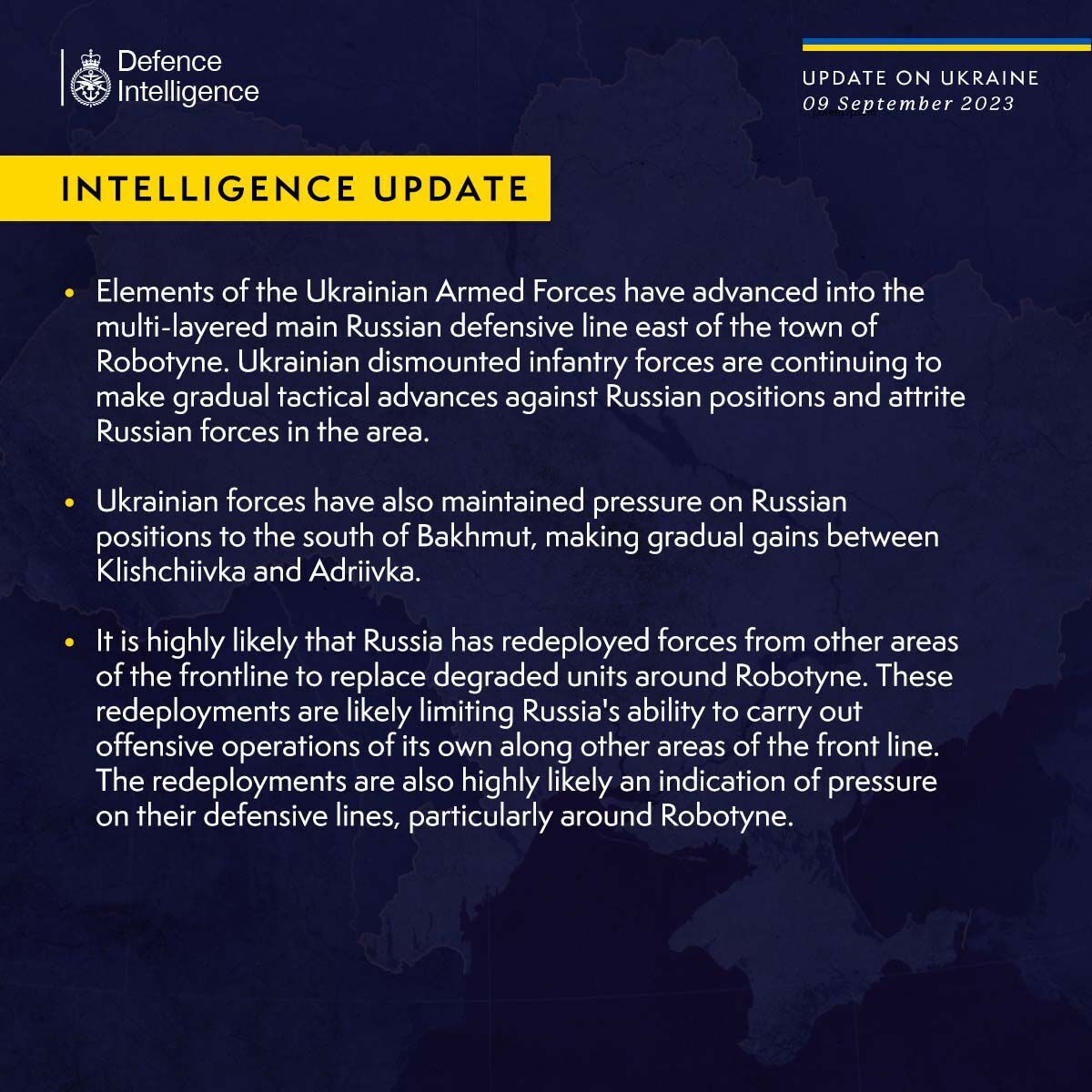 British intelligence: Ukrainian military advances near Robotyne and Bakhmut, Russian Federation transfers forces from other areas