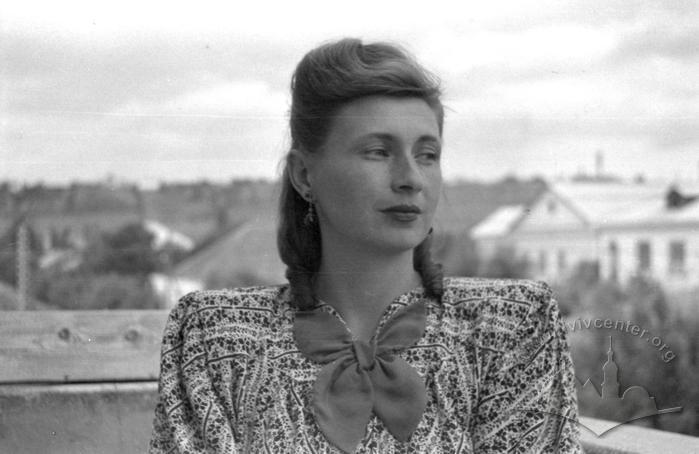 A girl in a dress with a bow. Berdiansk, 1952