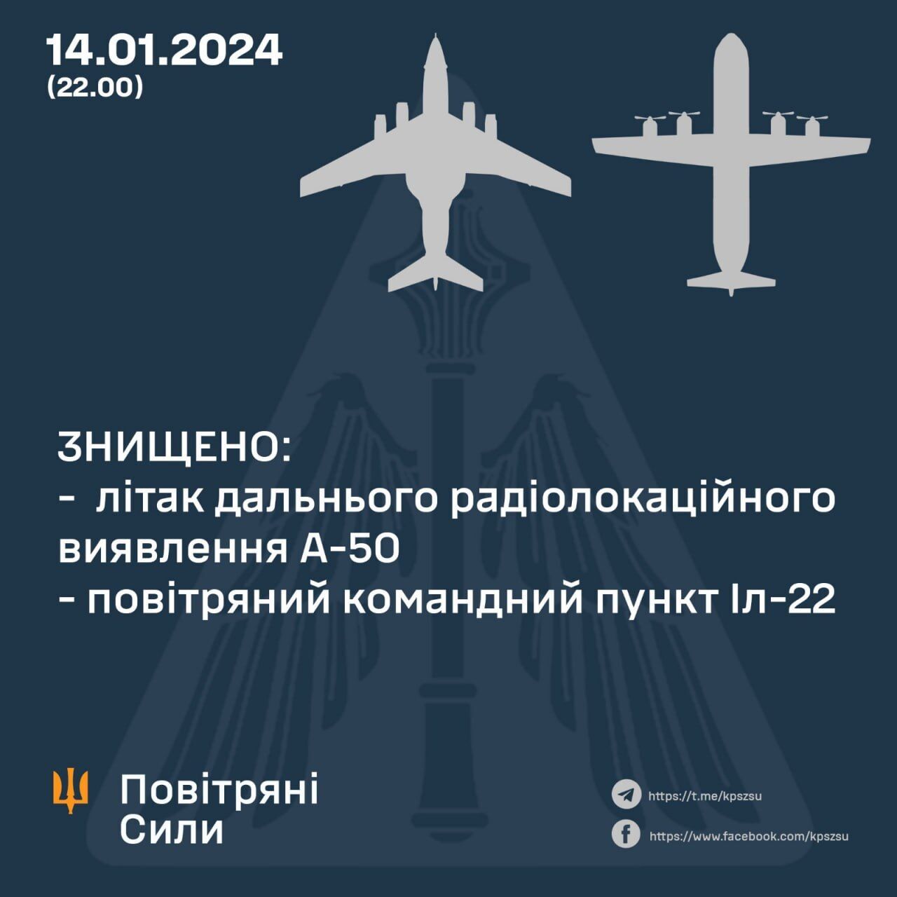 Zaluzhny confirms destruction of enemy A-50 and Il-22 by Ukrainian Air Force and thanks for the operation