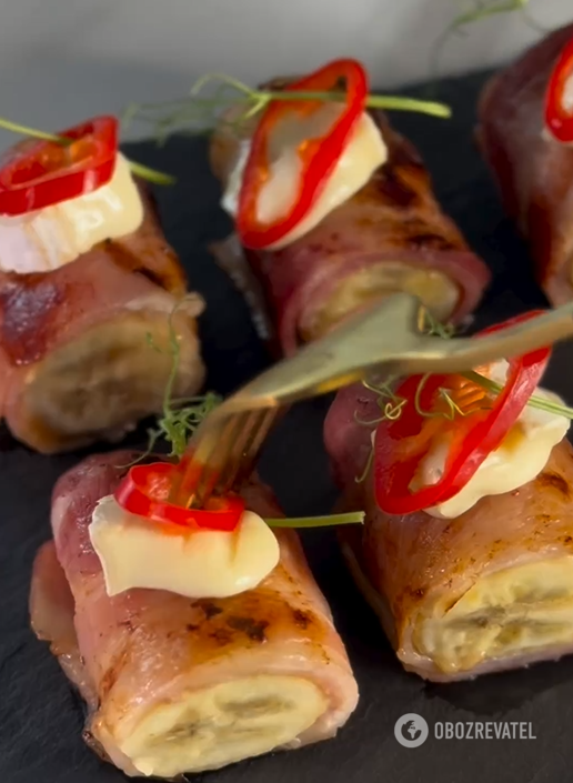 An appetizer that confuses: bananas wrapped in bacon