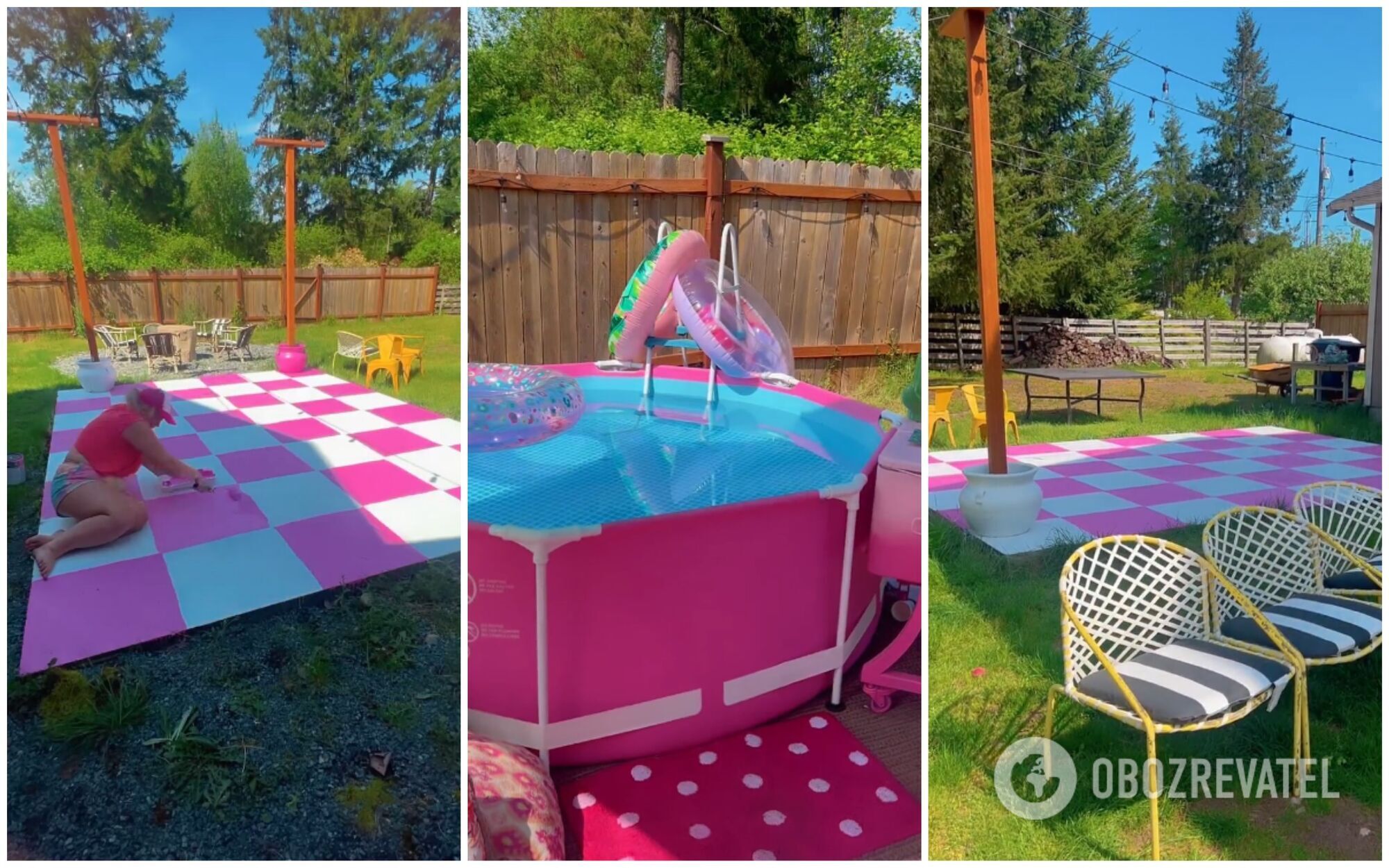 In the backyard, the American woman made an area with a swimming pool