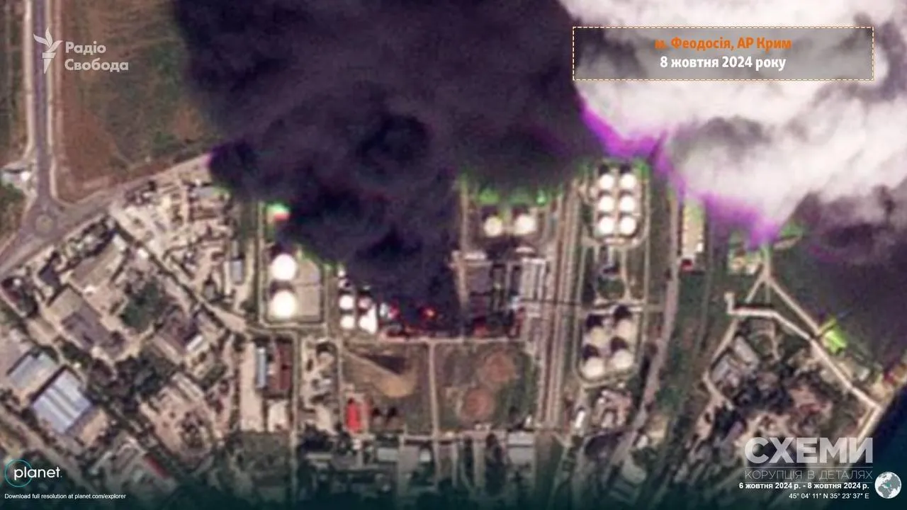 The fire is still burning for two days: satellite images of the damaged oil depot in occupied Feodosia