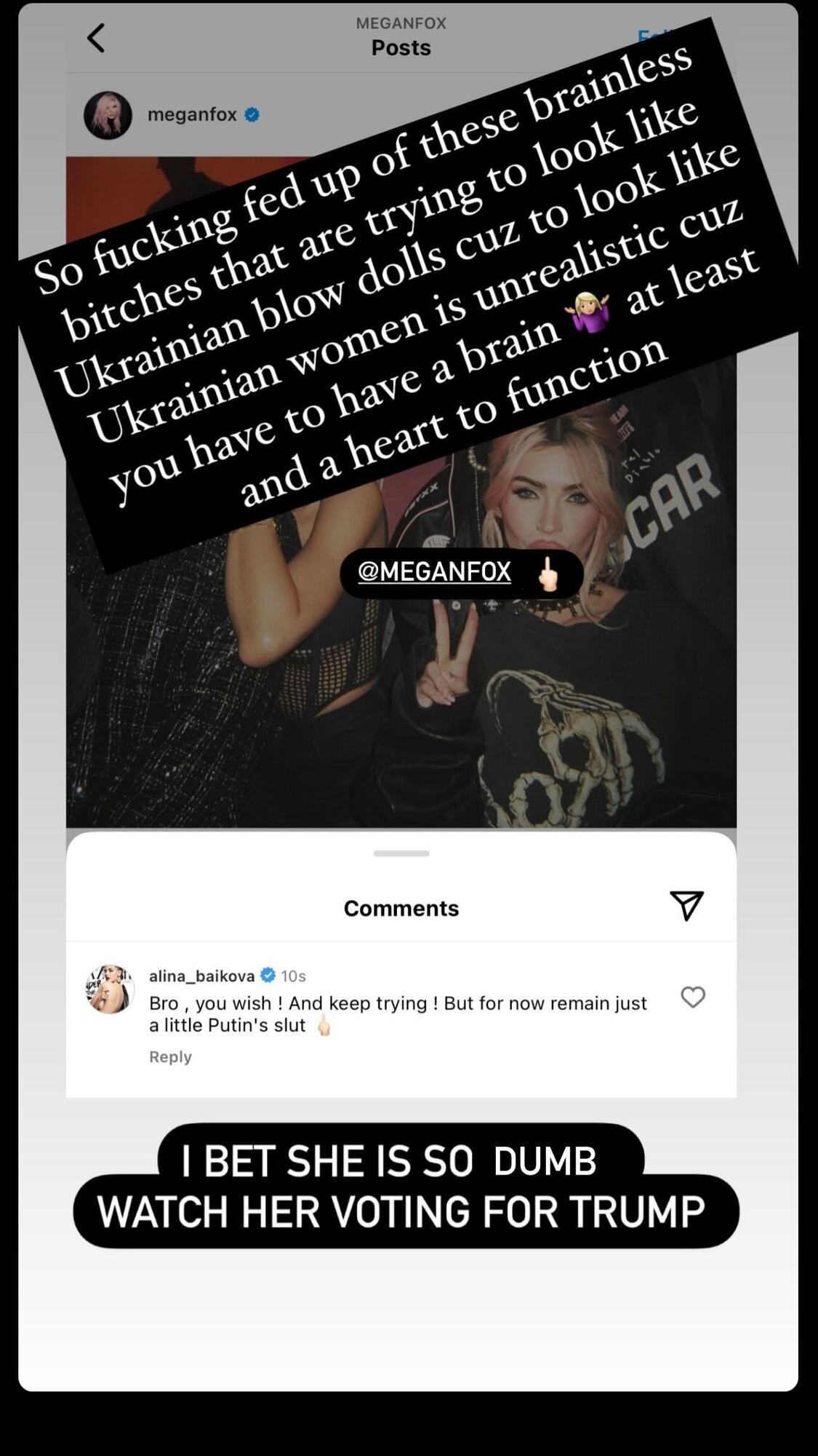 Supermodel Alina Baikova calls Megan Fox a ''Putin's whore'' after the actress's bad joke about Ukrainian women