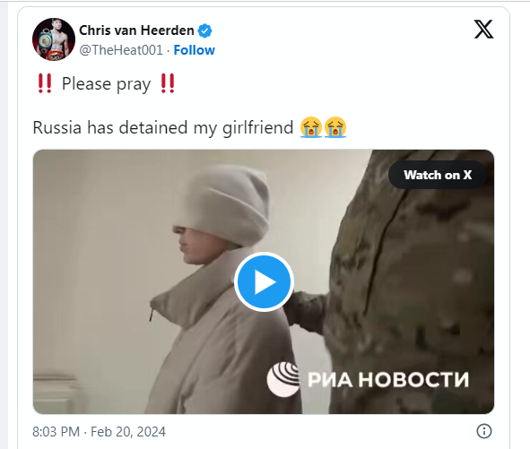 For donating to the Armed Forces. The girlfriend of the former world boxing champion, who flew from the United States to visit her relatives, was arrested in Russia. The video