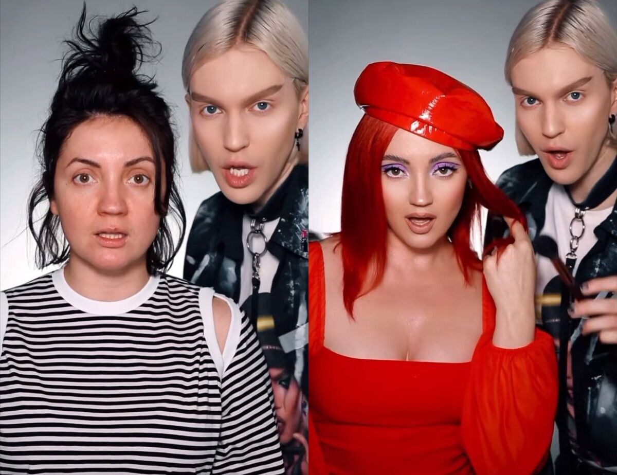 Olya Tsybulska before and after applying makeup
