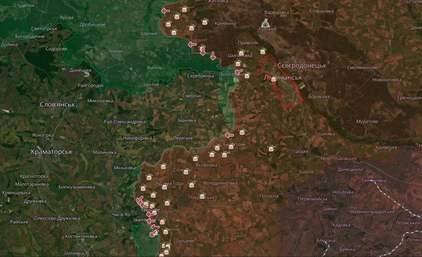 Łysyczańsk na mapie działań wojennych DeepState