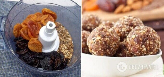 Healthy sweets with dried apricots, prunes and nuts