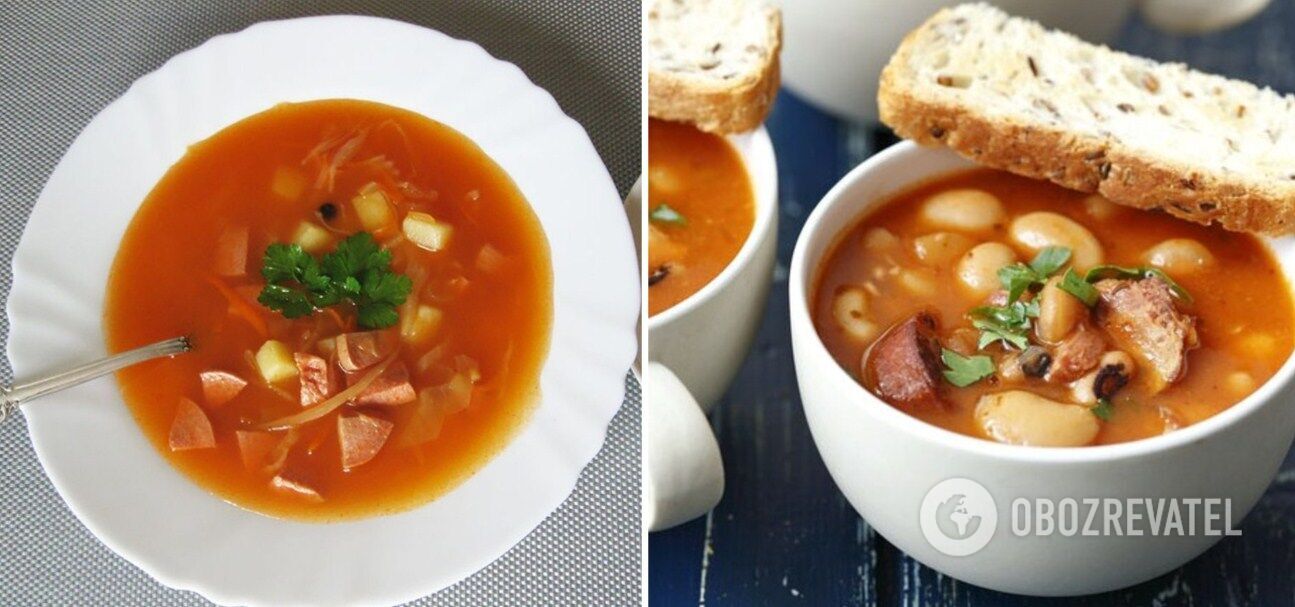 Soup with sausages and roast